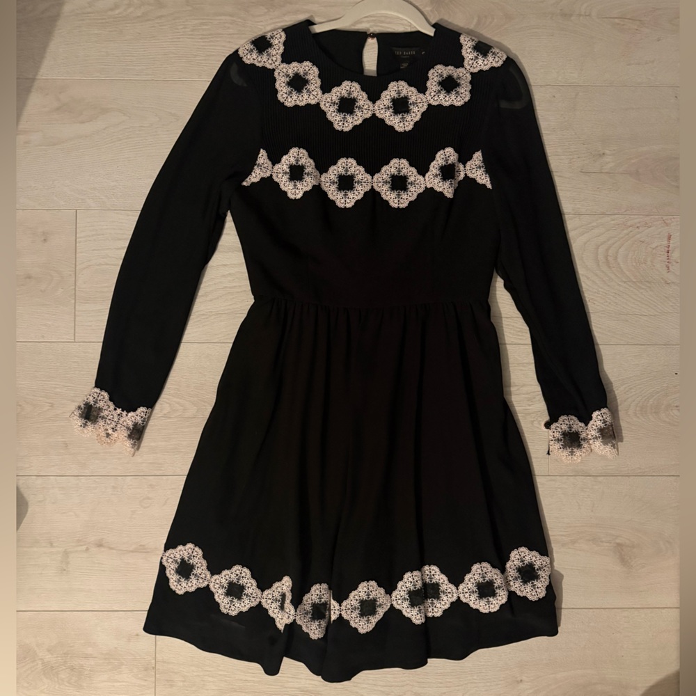 Ted Baker Sheer Sleeved Mini Dress with Embroidered Lace Detail